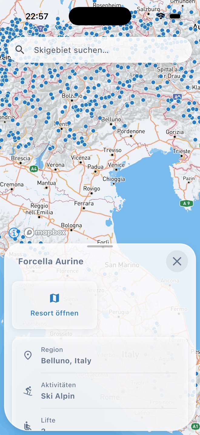The X-Shred map view with a resort information sheet